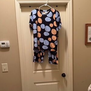 Polka Dot Capri Pajama Set - Black with Blue & Peach Circles